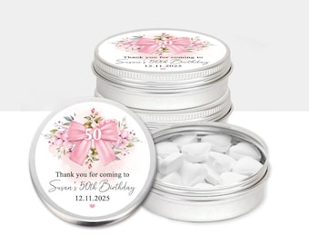 Personalised Birthday Party Favours Mints Tins Pink Bow Flowers
