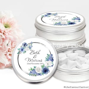Personalised Wedding Favours Mint Tins Guest Thank You Gifts Navy Blue and White Floral Wedding Design 5cm x1