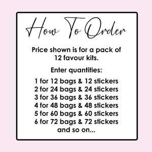 May include: A white rectangular sign with a black border and pink background. The sign reads "How To Order" in cursive. Below, it lists quantities for favor kits, including bags and stickers.