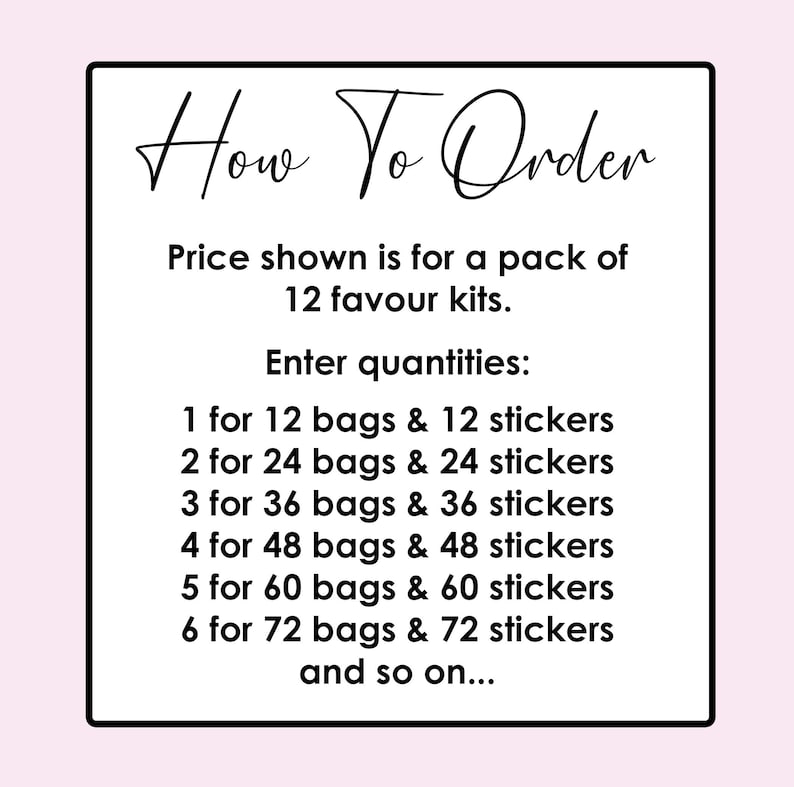 May include: A white rectangular sign with a black border and pink background. The sign reads "How To Order" in cursive. Below, it lists quantities for favor kits, including bags and stickers.
