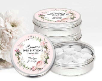 Personalised Birthday Favours Mint Tins Keepsakes Table Favour Gifts Game Prizes Boho Vintage Pink Floral Wreath 5cm x1