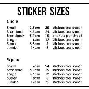 custom printed stickers chart and sizes