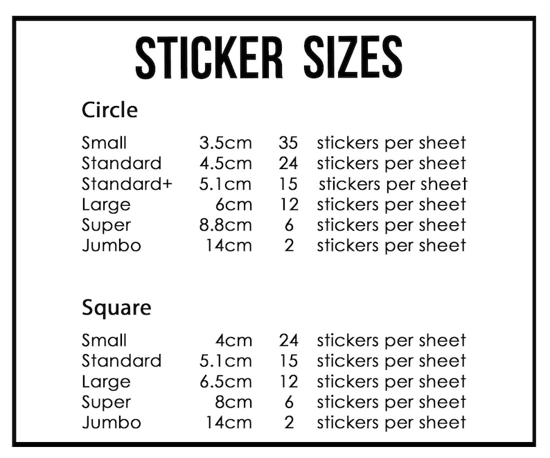 custom printed stickers chart and sizes