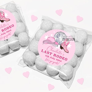 Pink Last rodeo hen party cowgirls disco personalised sweet bags and stickers kits.