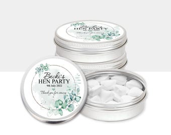 Personalised Hen Party Favours Mint Tins Eucalyptus Silver Frame 5cm