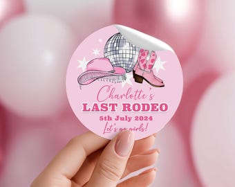 Pegatinas para despedida de soltera de Last Rodeo, etiquetas brillantes personalizadas de vaqueras rosas.