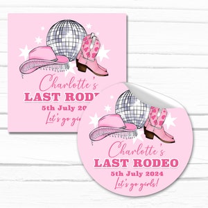 Last rodeo hen party cowgirls pink disco boots and hat themed stickers for your hens party bags and fillers.