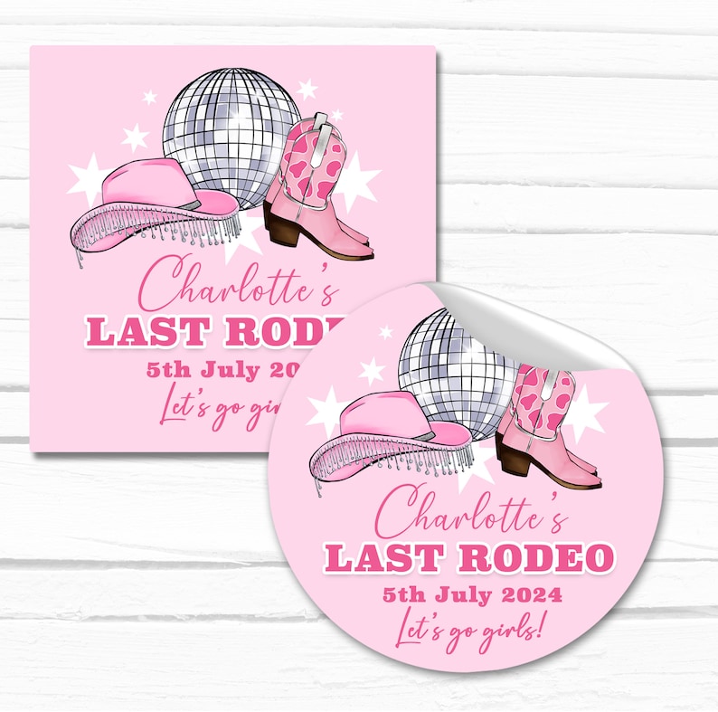 Last rodeo hen party cowgirls pink disco boots and hat themed stickers for your hens party bags and fillers.