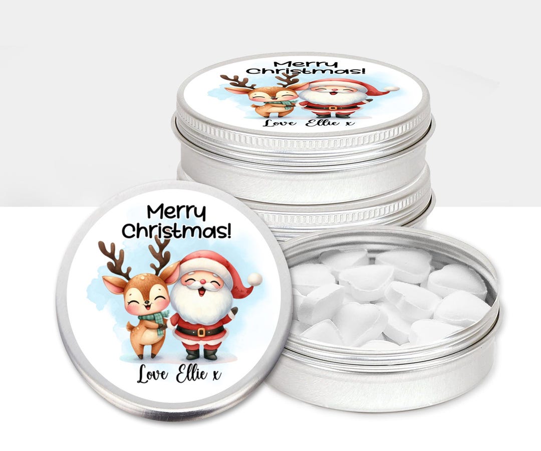 Personalised Christmas Table Favours Santa Reindeer Mint Tins Hamper