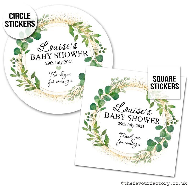 Baby Shower Stickers Personalised for Favours and Party Bags Botanical Gold Dust Design | Gloss Finish 1x A4 Sheet. 