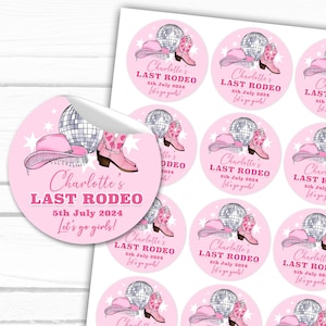 Personalised hen stickers pink last rodeo cowgirls disco with boots and hat with disco ball themed stickers for your hens party bags and fillers.