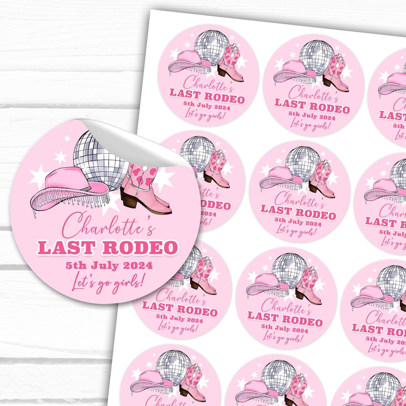 Personalised hen stickers pink last rodeo cowgirls disco with boots and hat with disco ball themed stickers for your hens party bags and fillers.