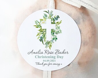 Personalised Christening Stickers Gloss Labels Botanicals Leaves Cross