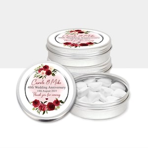 Ruby 40th Anniversary Party Favours Personalised Mint Tins Red Floral Frame x10