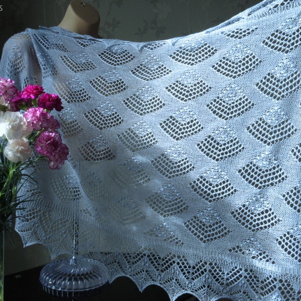 100% Cashmere/Silk Blue Handknitted Traditional Estonian Lace, Haapsalu Shawl