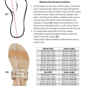 May include: Image showing how to measure foot size for sandals. Includes a foot outline, a sandal with a measuring tape, and a size chart with measurements in inches and centimeters. The chart lists women's and men's sizes.