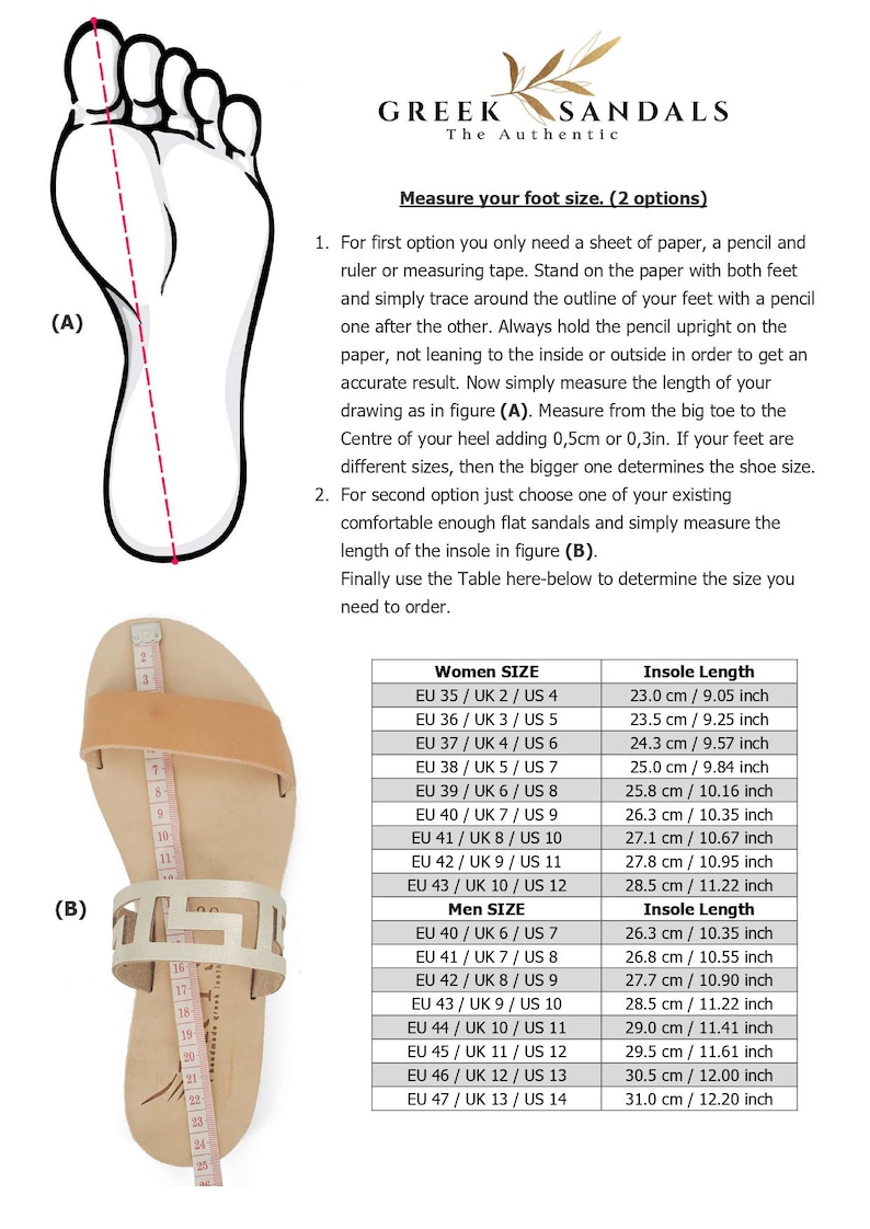 May include: Image showing how to measure foot size for sandals. Includes a foot outline, a sandal with a measuring tape, and a size chart with measurements in inches and centimeters. The chart lists women's and men's sizes.