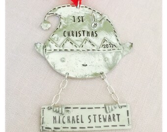 Personalized Baby's First Christmas Ornament, Pewter Elf Ornament