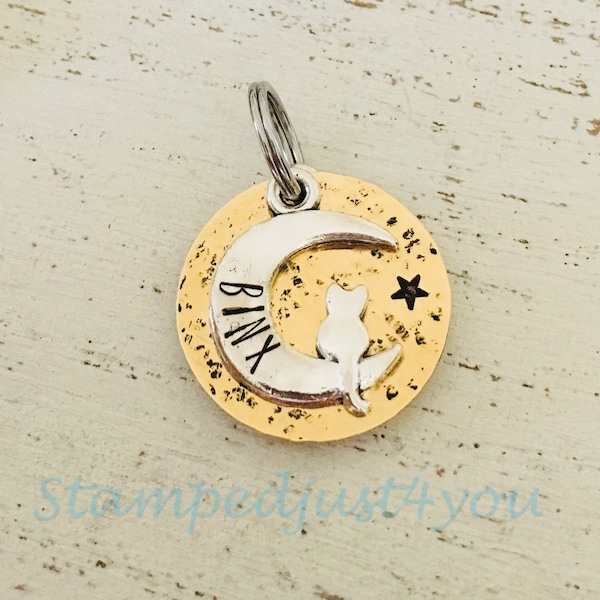 Handstamped, Personalized Cat Name Tag, Cat ID Tag, Comes with the option to add a Jingle Bell, Cat Collar,Pet ID Tags, Cat Bell