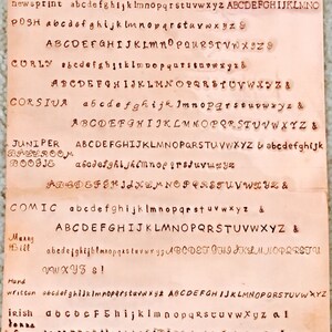 Pu&ograve; includere: Un grafico dell'alfabeto vintage con sfondo beige e lettere marroni. Il grafico presenta l'alfabeto in lettere maiuscole e minuscole, insieme al simbolo ampersand. Le parole "Scarlet", "Pinafore", "QDelaney", "newsprint", "Posh", "Curly", "Corsiva", "Juniper", "Ballroom", "Boogie", "Comic", "Marry Bill", "Hand written", "Irish Donna Sue", "Kids" e "Gizmo" sono scritte in corsivo sopra ogni set di alfabeto.