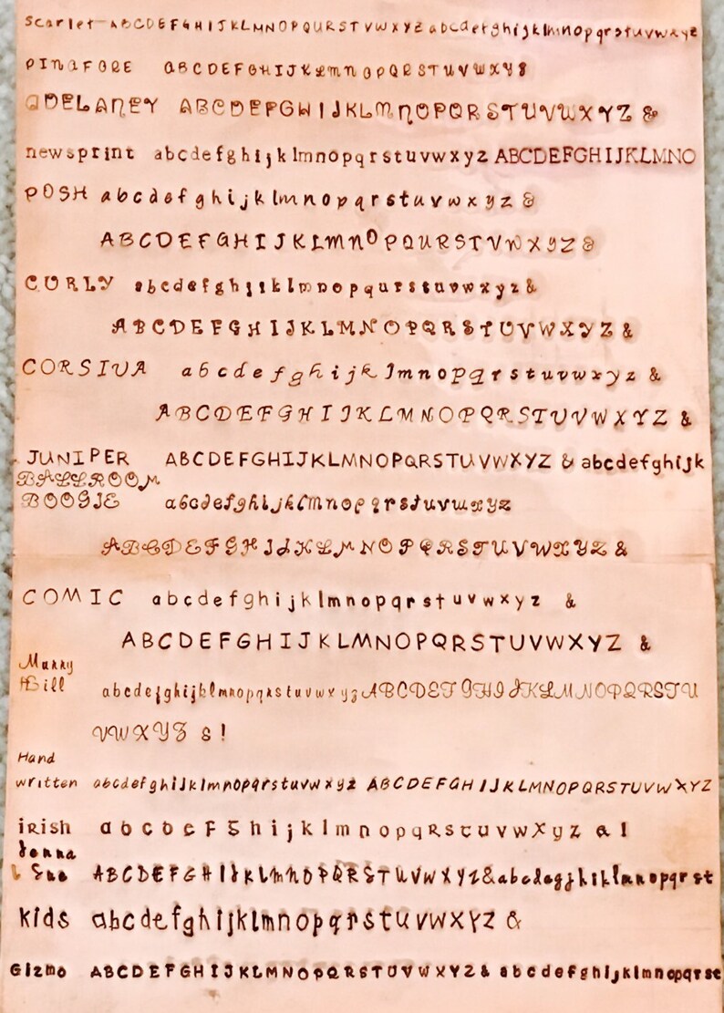 Pu&ograve; includere: Un grafico dell'alfabeto vintage con sfondo beige e lettere marroni. Il grafico presenta l'alfabeto in lettere maiuscole e minuscole, insieme al simbolo ampersand. Le parole "Scarlet", "Pinafore", "QDelaney", "newsprint", "Posh", "Curly", "Corsiva", "Juniper", "Ballroom", "Boogie", "Comic", "Marry Bill", "Hand written", "Irish Donna Sue", "Kids" e "Gizmo" sono scritte in corsivo sopra ogni set di alfabeto.
