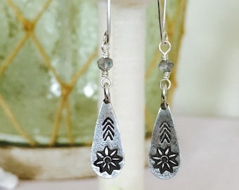 Fine Silver and Labradorite Handstamped Dangle Earrings