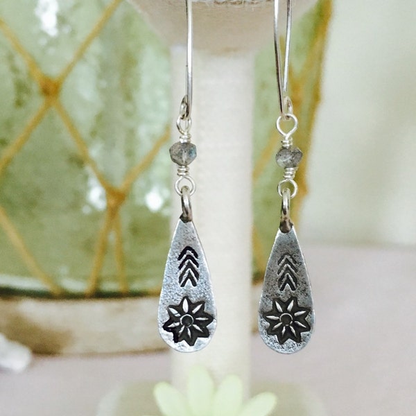 Fine Silver and Labradorite Handstamped Dangle Earrings