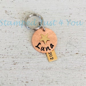 Extra small dog or cat Handstamped  Copper ID tag, Microchipped Pet Tag, Dog Collar, Cat Collar, Pet ID Tags, Cat Bell
