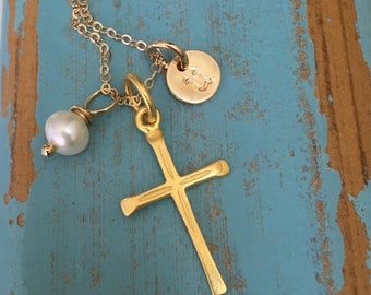 Gold-Filled Cross Necklace, Custom Rose Gold-Filled Cross Necklace, First Communion Gift, Confirmation Necklace, Personalized Cross Necklace