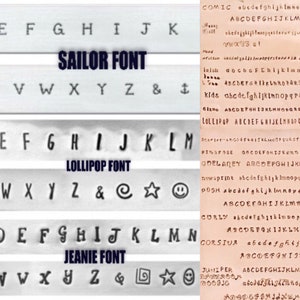 May include: A close-up image of three different font styles: Sailor, Lollipop, and Jeanie. Each font style displays the alphabet from A to Z, along with ampersand and other symbols.