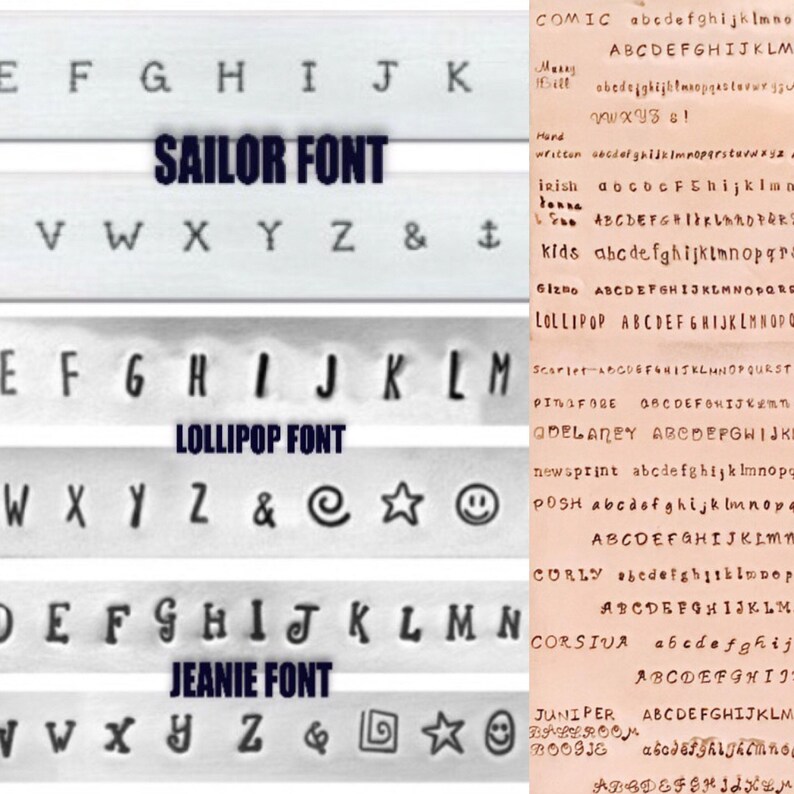 May include: A close-up image of three different font styles: Sailor, Lollipop, and Jeanie. Each font style displays the alphabet from A to Z, along with ampersand and other symbols.