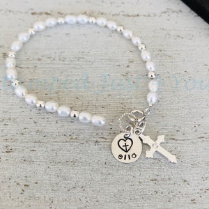Sterling Silver Cross Bracelet: Freshwater Pearl Communion Jewelry, Personalized