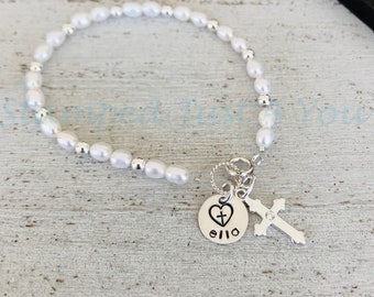 Personalized Communion Jewelry, Sterling Silver Cross & Freshwater Pearl Bracelet, First Communion Jewelry, Personalized Communion Bracelet