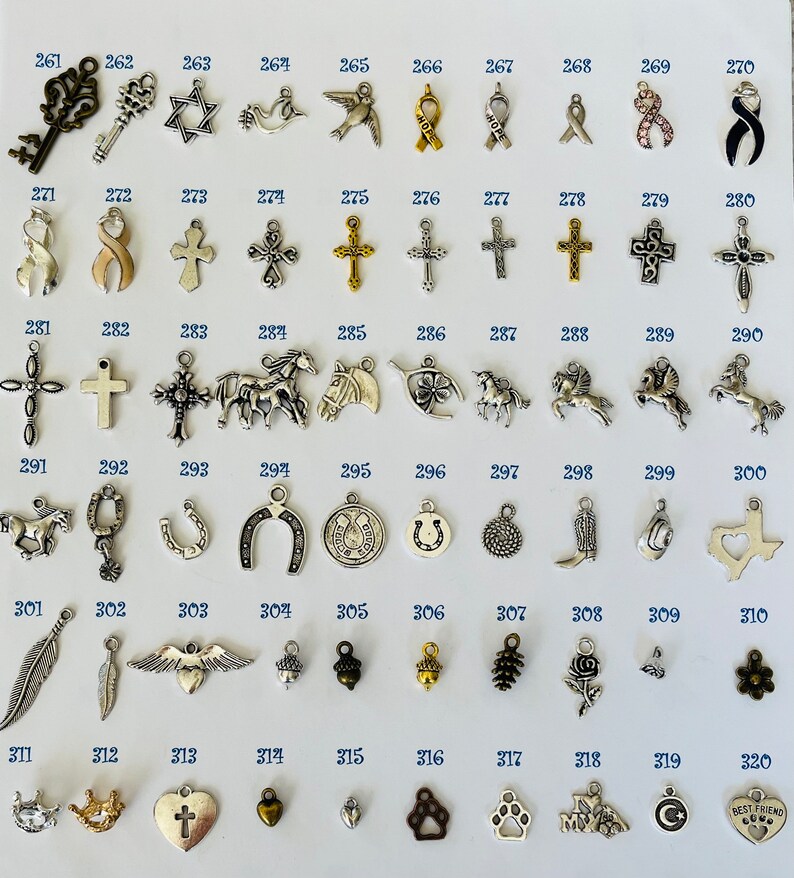 Pu&ograve; includere: Una collezione di 30 ciondoli in argento, tra cui una chiave, una stella di David, una colomba, un uccello, un nastro, una croce, un unicorno, un ferro di cavallo, una piuma, un'ala, una ghianda, una pigna, una rosa, una corona, un cuore, un'impronta di zampa, una luna crescente e un cuore con il testo "Miglior amico".