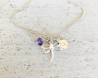 Sterling Silver Dragonfly Necklace: Initial & Birthstone Charm