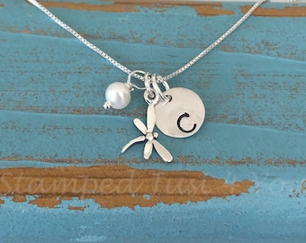 Sterling Silver Tiny Dragonfly Necklace, Birthstone Necklace, Silver Initial Necklace, Silver Dragonfly Charms, Hand Stamped Jewelry