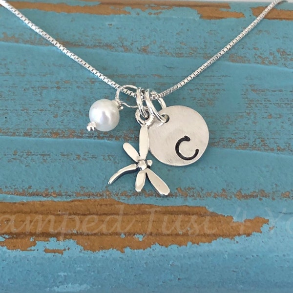 Sterling Silver Tiny Dragonfly Necklace, Birthstone Necklace, Silver Initial Necklace, Silver Dragonfly Charms, Hand Stamped Jewelry