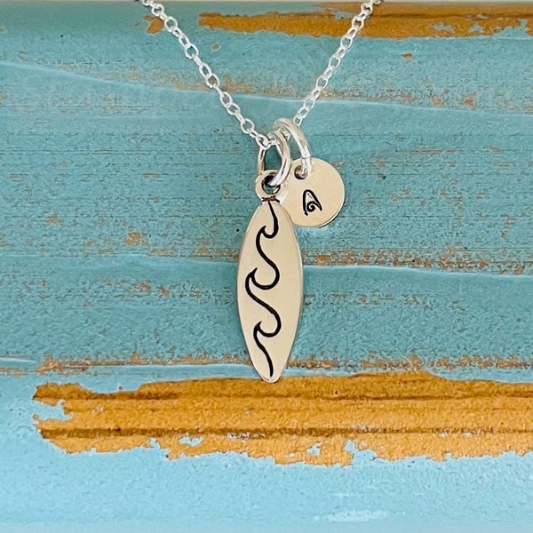 Wave Necklace,Sterling Silver Wave Necklace, Surf Board Necklace, Wave Charm, Surfboard Charm, Surf Charm