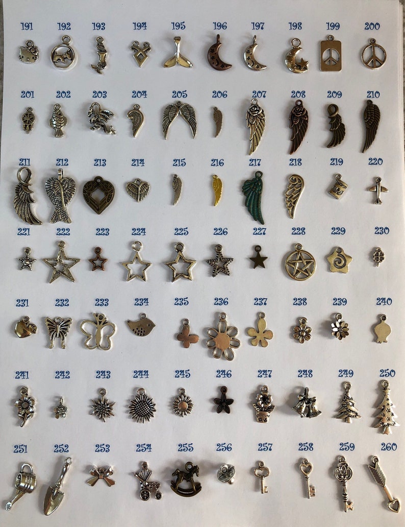 Pu&ograve; includere: Una collezione di 100 ciondoli d'argento, disposti in file su uno sfondo bianco. I ciondoli presentano una variet&agrave; di design, tra cui cuori, stelle, ali, simboli di pace e altro ancora.