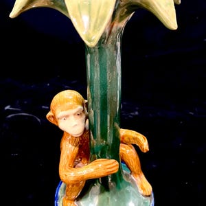 Majolica Monkey Candle Holder: Antique Porcelain Jungle Figurine Marked, Collectible 13”