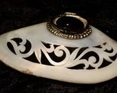 Victorian Snuff Perfumer Etui Box Mother of Pearl Antique Shell Carved Shell Black Oval Stone Silvertone Attachment