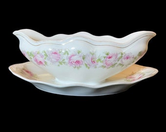 Antique ZS&C Bavaria Rose Gravy Dish with Attached Underplate