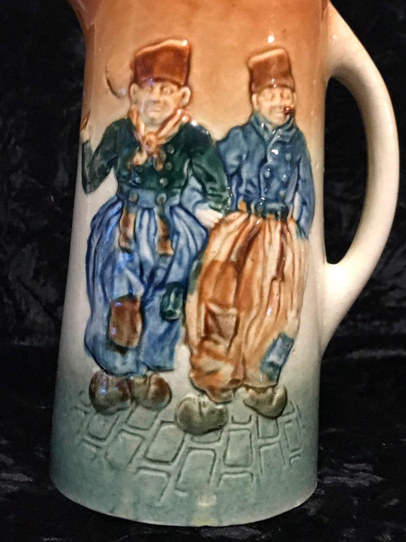 Glazed Stoneware Pitcher Antique Pottery Tankard Jug Featuring 3-D Raised Figures Design image 4