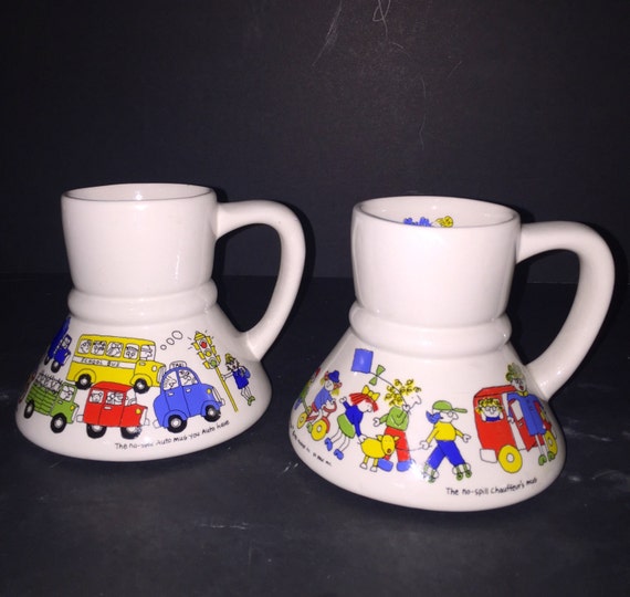 No Spill Non Slip Pottery Travel Coffee Mugs With School Teacher Children  Bus Design Wide Rubber Bottom Pair Rare to Find a Matching Pair 