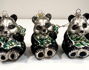 Set of three vintage blown glass panda bear Christmas