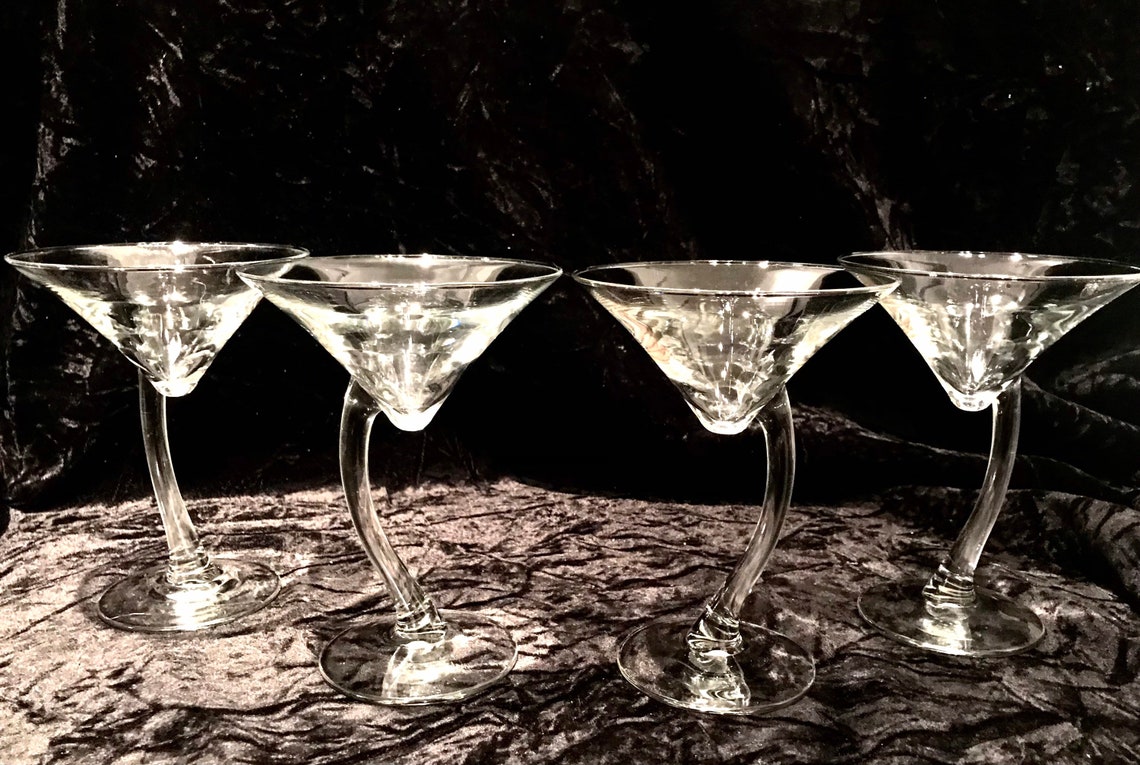 Martini curved Stem Glasses Four hand made blown Crystal clear Etsy