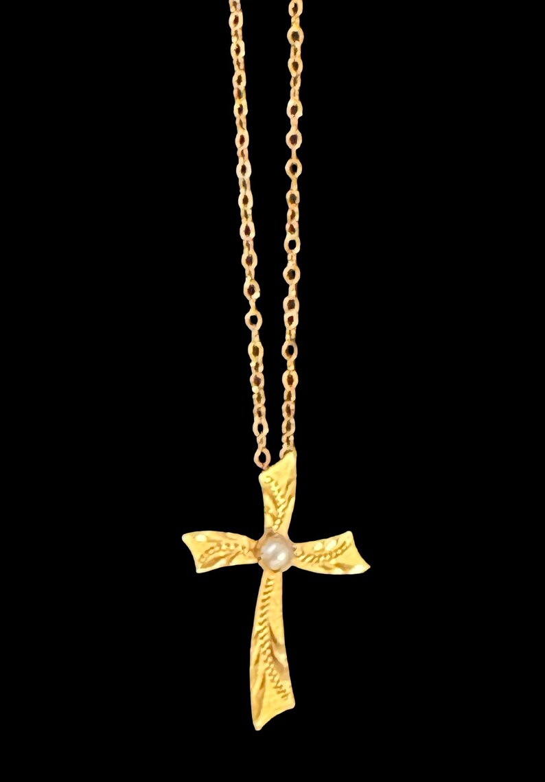 Gold Cross Necklace, Angled With Pearl, Marked - Etsy