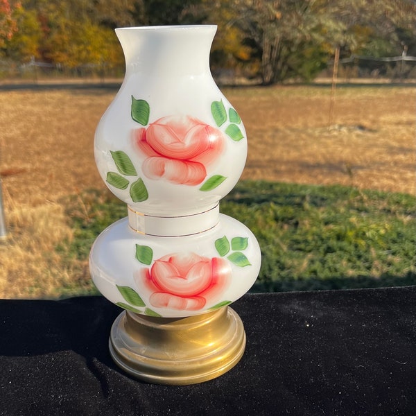 Victorian Hurricane table Lamp Milk Glass Hand painted Roses, milk glass globe and Brass Base electric