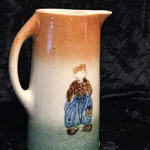 Glazed Stoneware Pitcher Antique Pottery Tankard Jug Featuring 3-D Raised Figures Design image 3