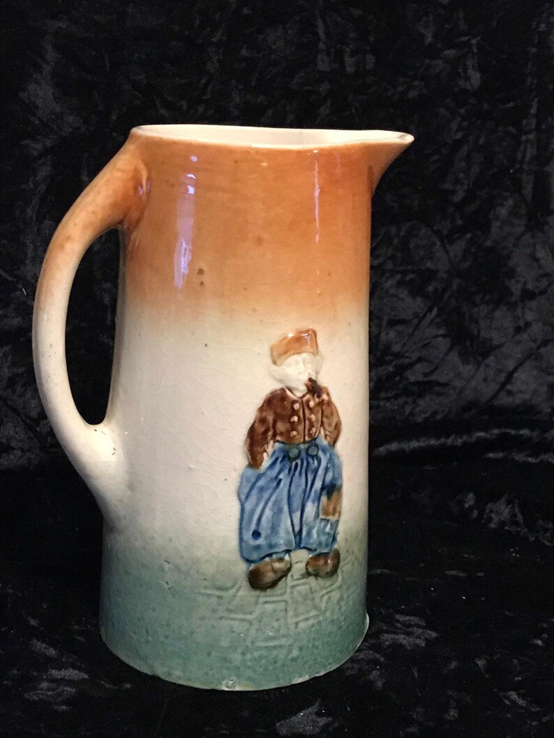 Glazed Stoneware Pitcher Antique Pottery Tankard Jug Featuring 3-D Raised Figures Design image 3